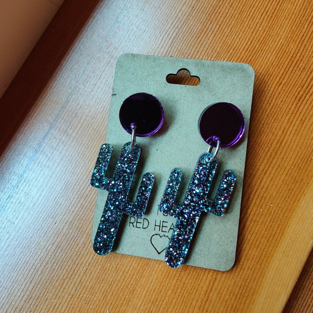Glitter Cactus Earrings! Purple Mirror Acrylic Party Earrings